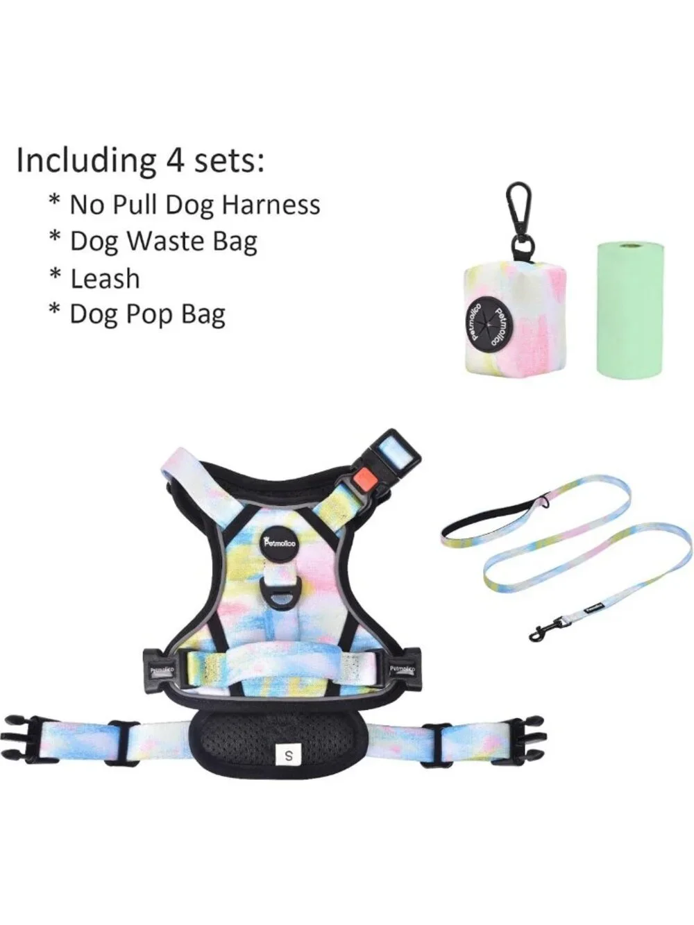 Iridescent No Pull Dog Harness with Leash & Poop Bag Holder - Small Size